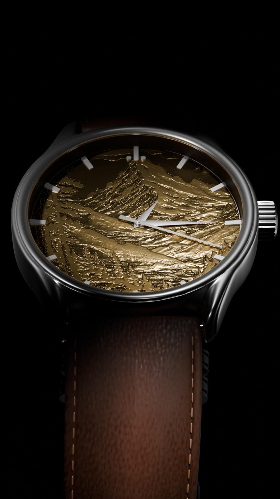 Side profile of Alta Tellus – 316L steel case, sapphire crystal, engraved dial. Precision over practice at Lawton Timepieces.