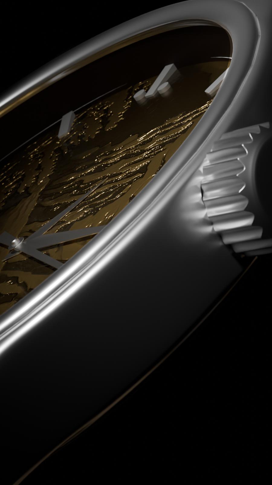 Engraved dial of Alta Tellus – every ridge and peak etched with 3D laser technology by Lawton Timepieces.
