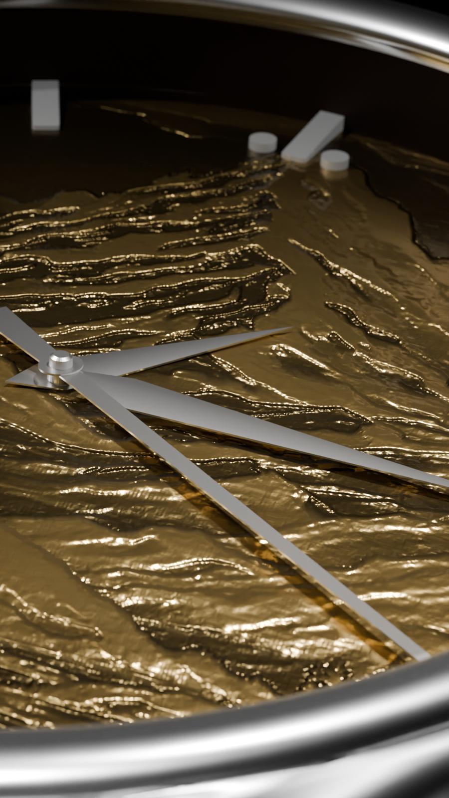 Laser-engraved mountain dial of Alta Tellus from Lawton Timepieces – micrometer-level detail, no chisels used.