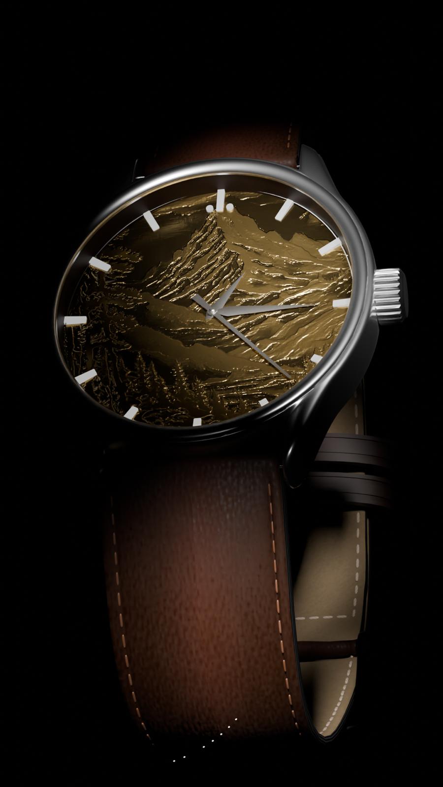 Laser-finished mountain dial of Alta Tellus – where nature meets Swiss movement and minimalist design.