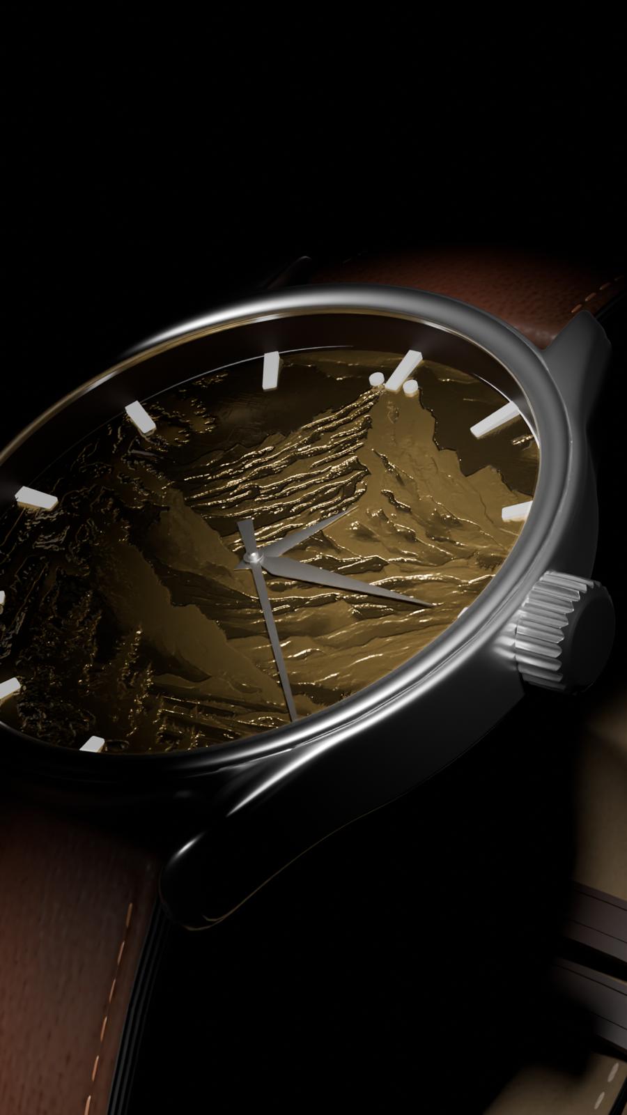 Detailed shot of the engraved dial on Alta Tellus – inspired by nature, built with laser precision at Lawton Timepieces.